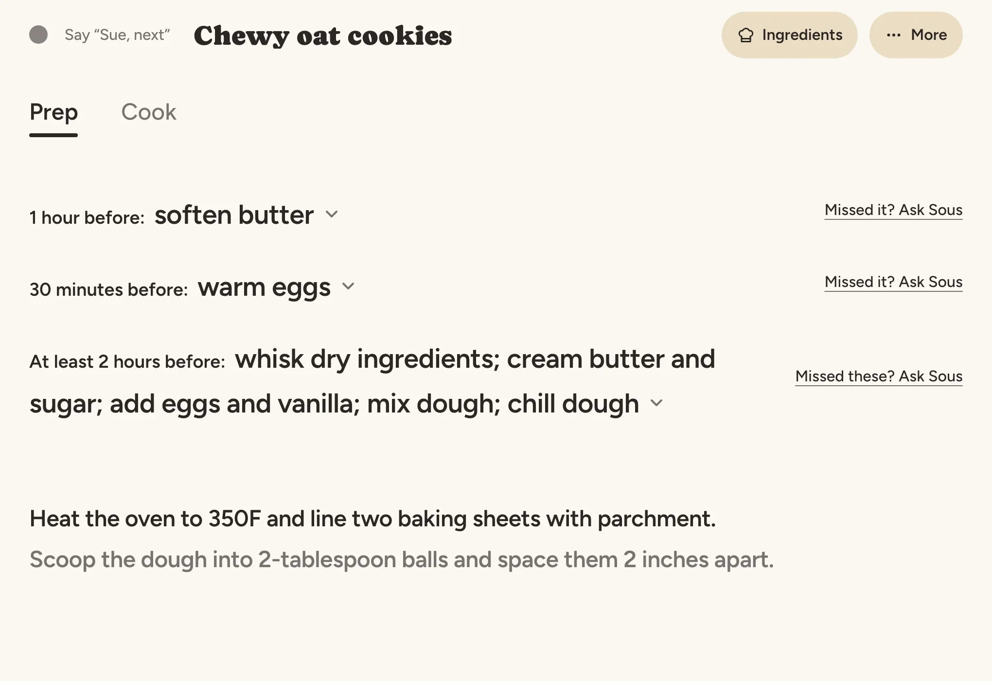 Sous prep screen listing what to do ahead: soften butter an hour before, warm eggs thirty minutes before, chill dough at least two hours before