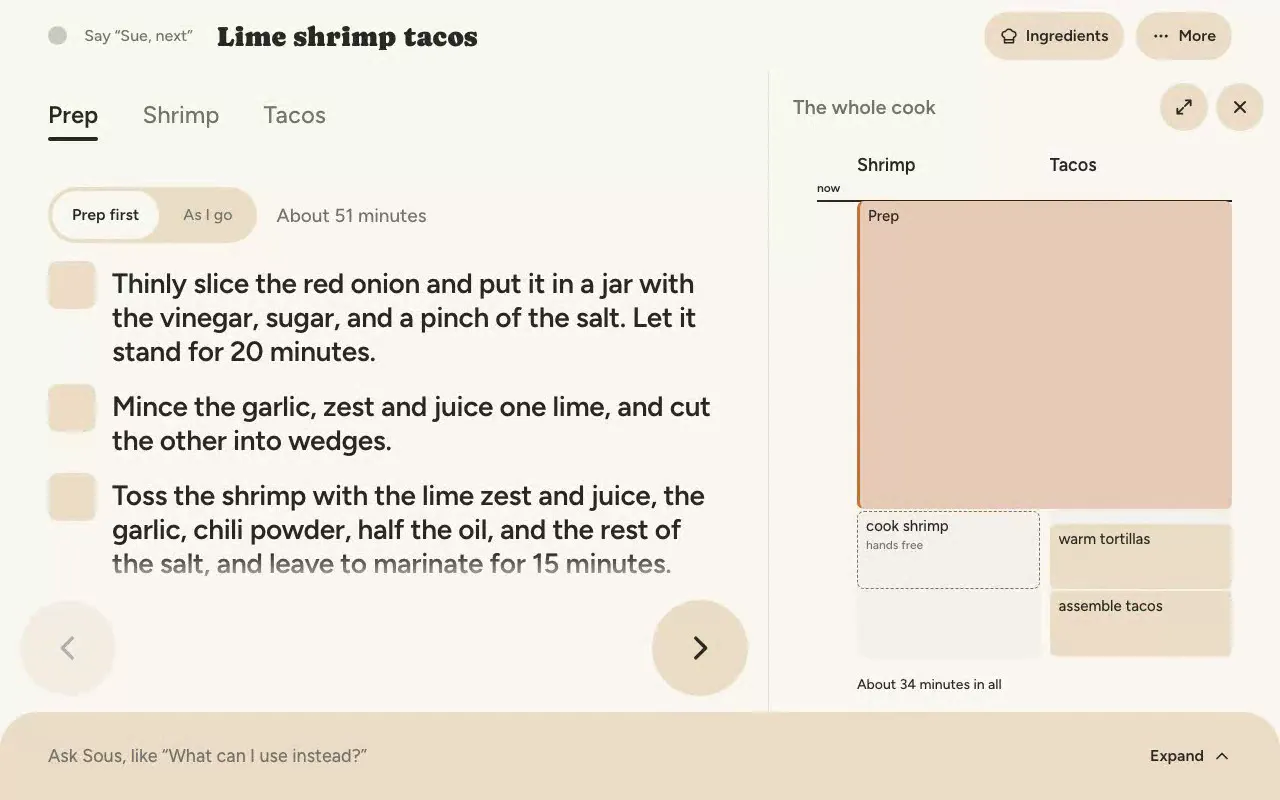 Sous on a tablet: prep boxes ticked off, then cooking steps one at a time, with a timeline of the whole cook beside them